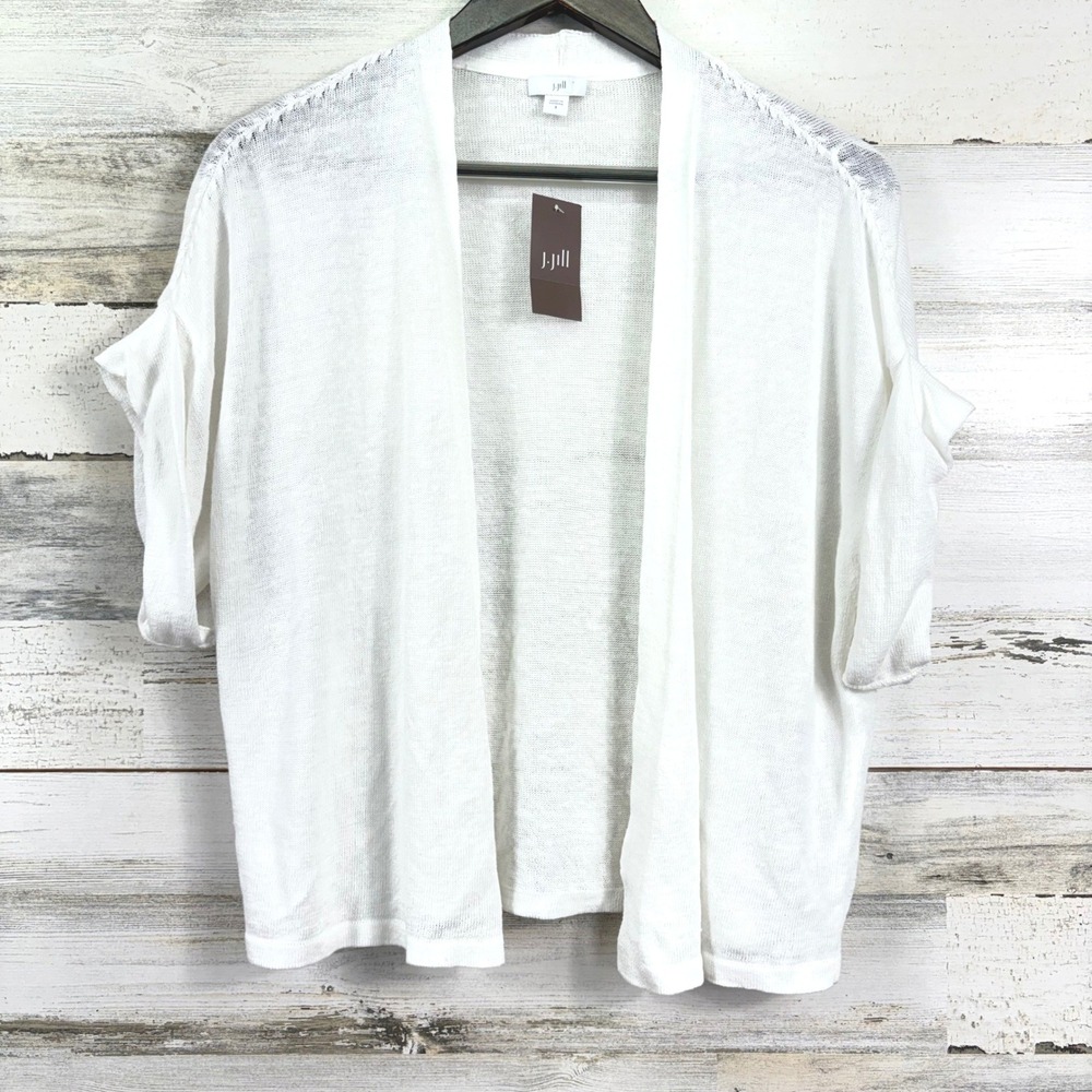 NEW J Jill White Linen Blend Short Sleeve Open Front Cardigan Sweater Top Size 8